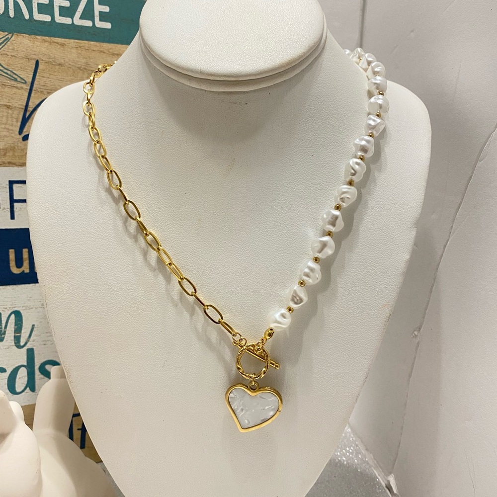 Gold and White Heart Pendant Necklace - Picture 2 of 7
